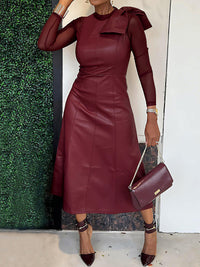 Bowknot Solid Color Split-Joint A-Line Long Sleeves Round-Neck Midi Dresses