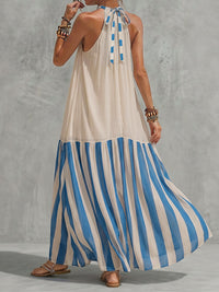 Contrast Color Pleated Striped A-Line Loose Halter-Neck Maxi Dresses