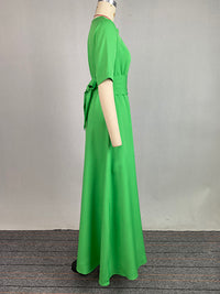 Half Sleeves High Waisted Solid Color Tied Waist V-Neck Maxi Dresses