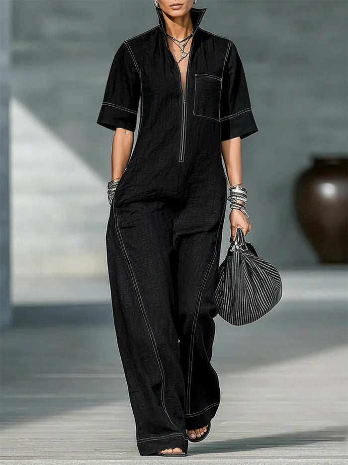 Pockets Solid Color Zipper Loose Short Sleeves Stand Collar Jumpsuits