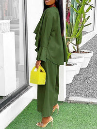 High-Low Loose Pleated Solid Color Split-Joint Round-Neck Blouses&Shirts Tops