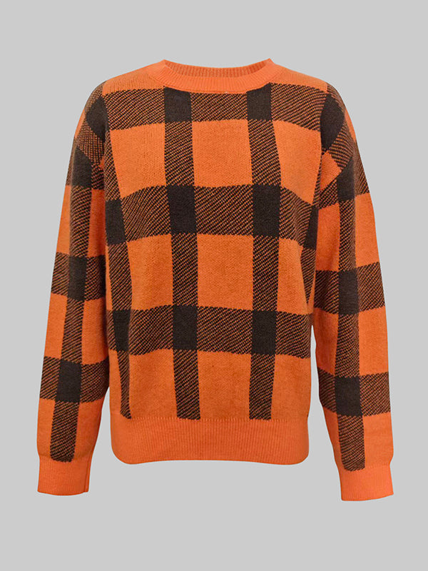 Contrast Color Plaid Long Sleeves Mock Neck Sweater Tops
