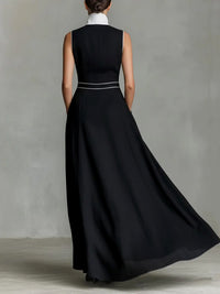A-Line High Waisted Buttoned Contrast Color Pockets Split-Joint Lapel Maxi Dresses