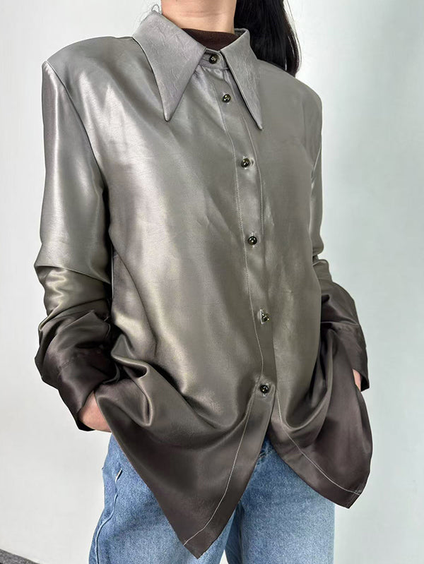 Buttoned Gradient Long Sleeves Lapel Blouses&shirts Tops
