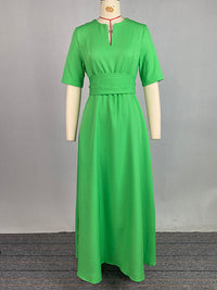 Half Sleeves High Waisted Solid Color Tied Waist V-Neck Maxi Dresses