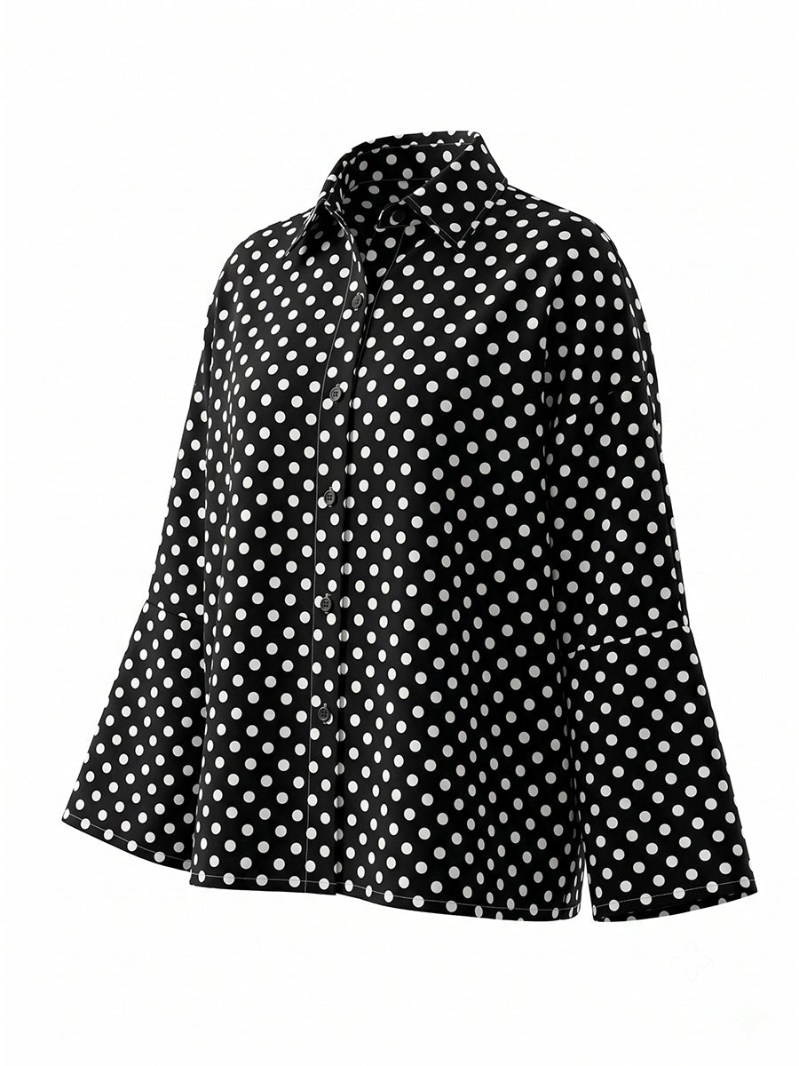Long Sleeves Loose Buttoned Contrast Color Polka-Dot Split-Joint Lapel Blouses&Shirts Tops