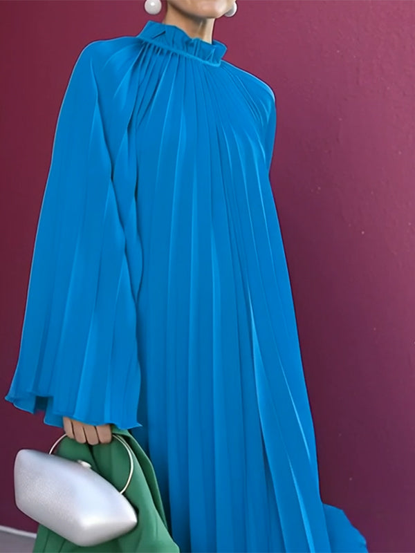 Pleated Ruffled Solid Color Split-Joint Flared Sleeves Loose High Neck Maxi Dresses