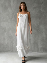 Pleated Solid Color Split-Joint Three-Dimensional Flower A-line Loose Spaghetti-Neck Midi Dresses