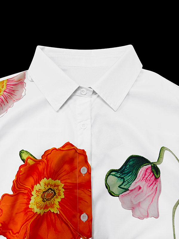 Flower Print Split-Joint Tied Flared Sleeves Long Sleeves Stand Collar Blouses&Shirts Tops