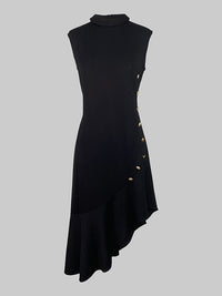 Asymmetric Buttoned Ruffle Trim Solid Color Loose Sleeveless Mock Neck Midi Dresses