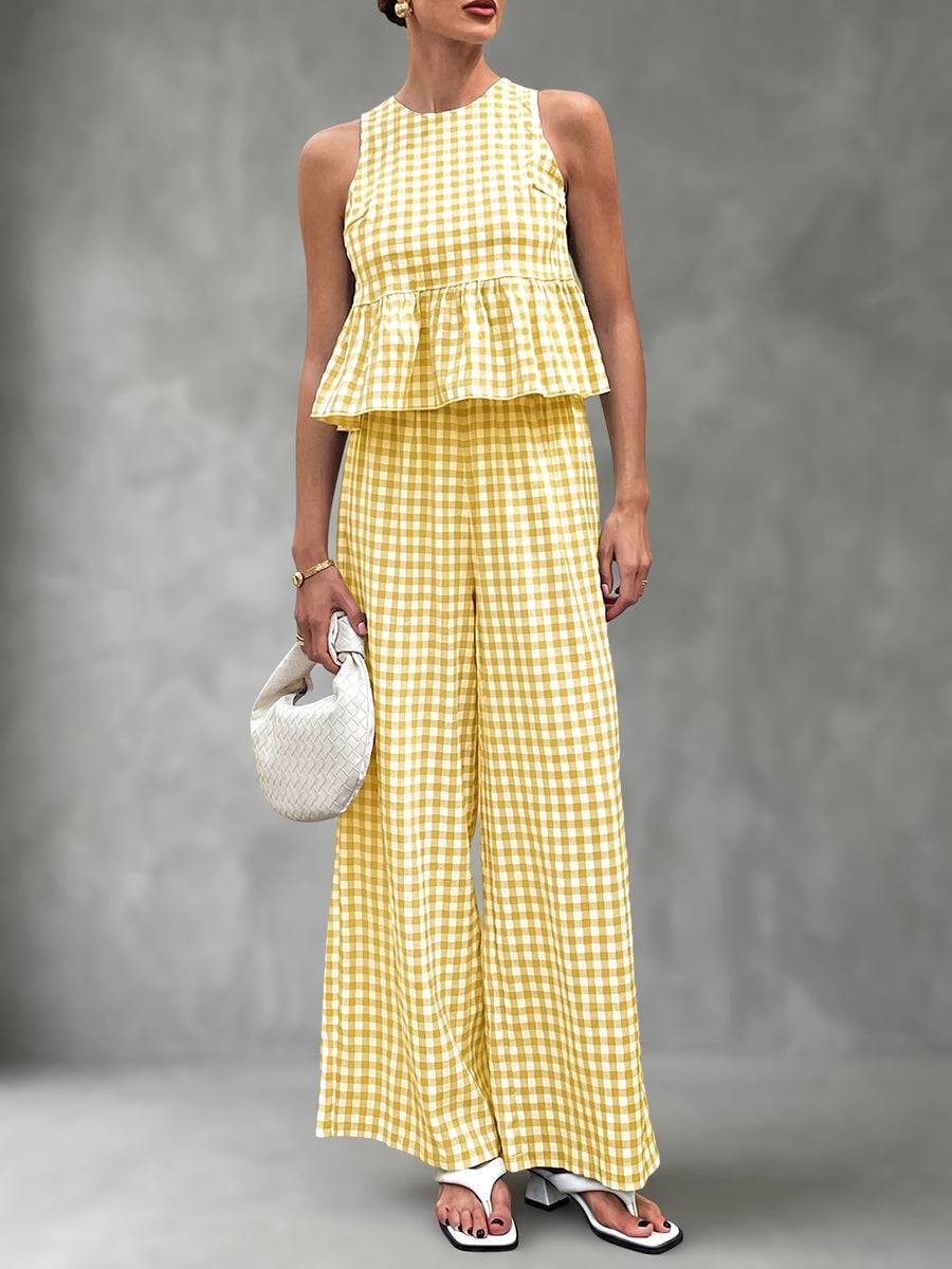 Plaid Pleated Split-Joint A-Line Loose Round-Neck Vest Top + Pants Bottom Suits