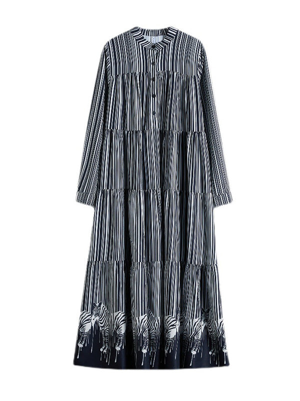 Vintage Loose Striped Buttoned Stand Collar Long Sleeves Midi Dress