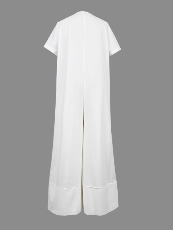 Buttoned Pockets Solid Color Loose Short Sleeves V-neck Jumpsuits