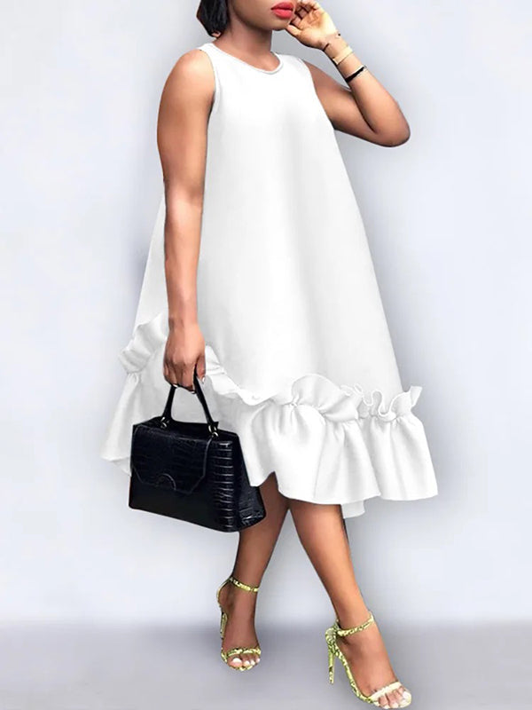 A-Line High Waisted Pleated Pockets Ruffle Trim Solid Color Round-Neck Midi Dresses