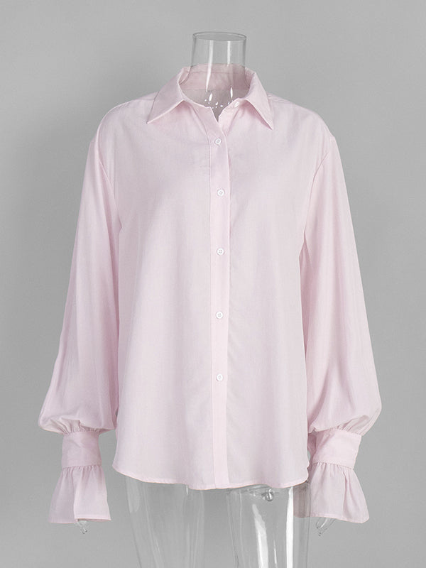 Pleated Solid Color Split-Joint Loose Puff Sleeves Lapel Blouses&shirts Tops