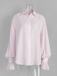 Pleated Solid Color Split-Joint Loose Puff Sleeves Lapel Blouses&shirts Tops