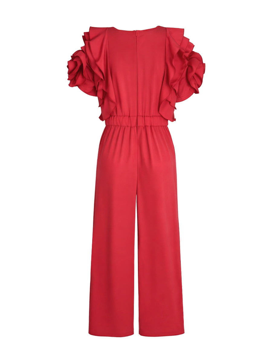 Falbala Solid Color Loose Short Sleeves Round-Neck Jumpsuits