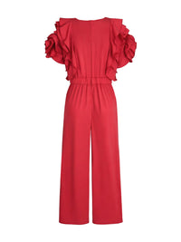 Falbala Solid Color Loose Short Sleeves Round-Neck Jumpsuits