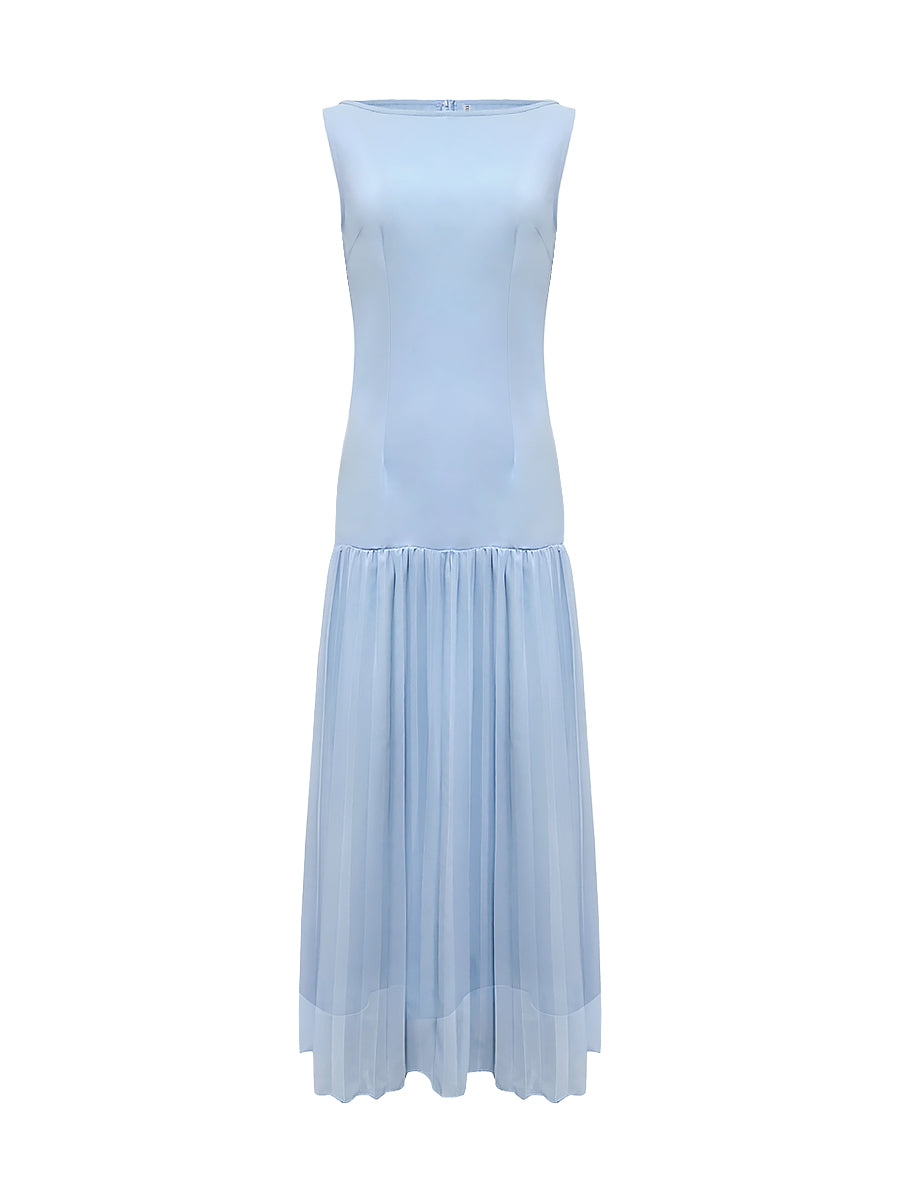 Gauze Pleated Solid Color Split-Joint Sleeveless Boat Neck Maxi Dresses Evening Dresses