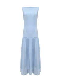 Gauze Pleated Solid Color Split-Joint Sleeveless Boat Neck Maxi Dresses Evening Dresses