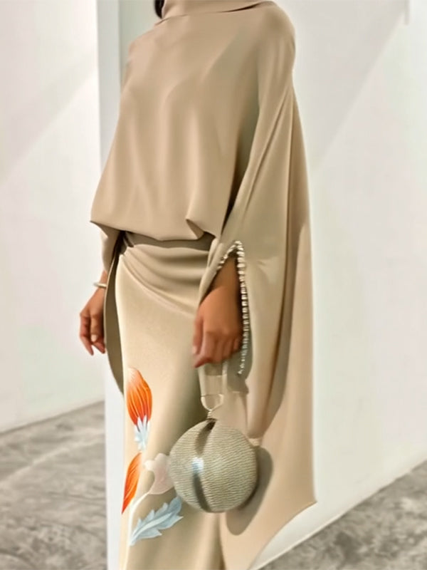 Loose Batwing Sleeves Split-Joint High Neck T-Shirt + Floral Printed Skirt Two Pieces Set