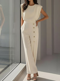 Cap Sleeve Loose Buttoned Solid Color Round-Neck Jumpsuits