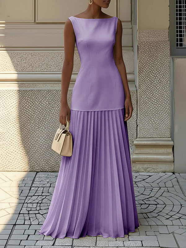 Gauze Pleated Solid Color Split-Joint Sleeveless Boat Neck Maxi Dresses Evening Dresses