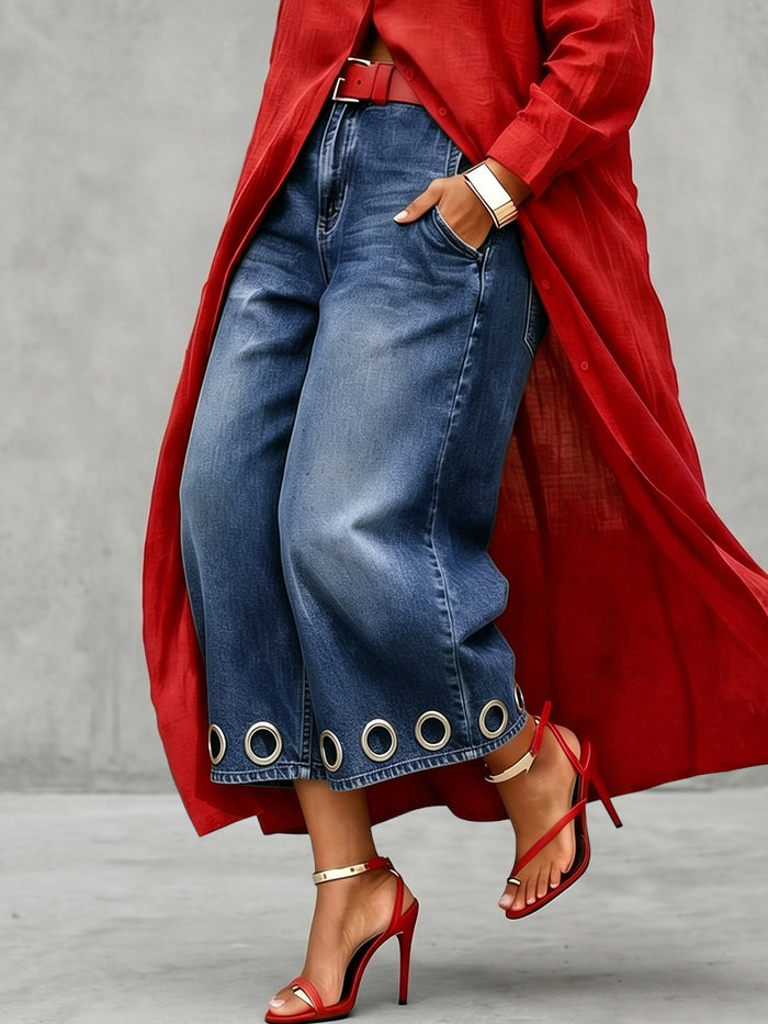 Hollow Pockets Loose Wide Leg Jean Pants Bottoms