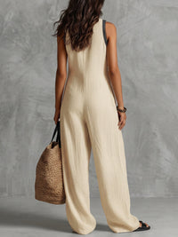 Pockets Solid Color Zipper Sleeveless Wide Leg Stand Collar Jumpsuits