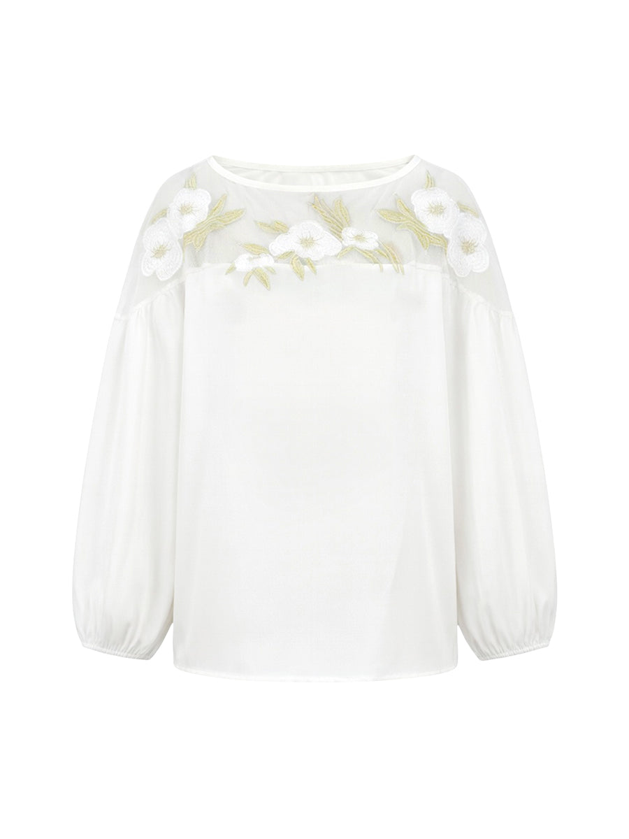 Loose Puff Sleeves Applique Flower Shape Mesh Split-Joint Round-Neck Blouses&Shirts Tops
