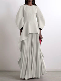 Long Sleeves Loose Pleated Solid Color Split-Joint Tiered Round-Neck Maxi Dresses