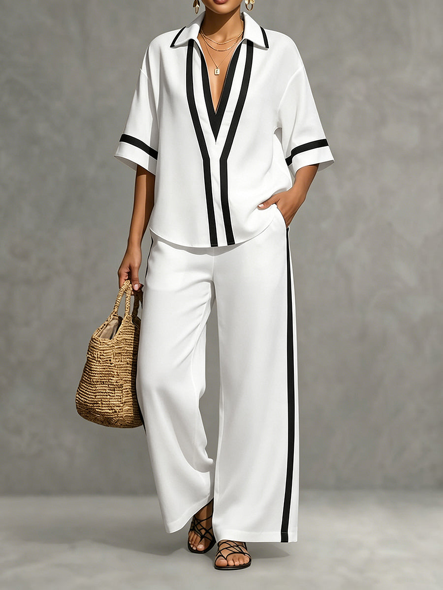 Contrast Color Pockets High Waisted Wide Leg Trousers Pants