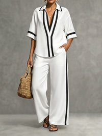 Contrast Color Pockets High Waisted Wide Leg Trousers Pants