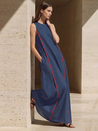A-Line Loose Contrast Color Pockets Split-Joint Round-Neck Maxi Dresses