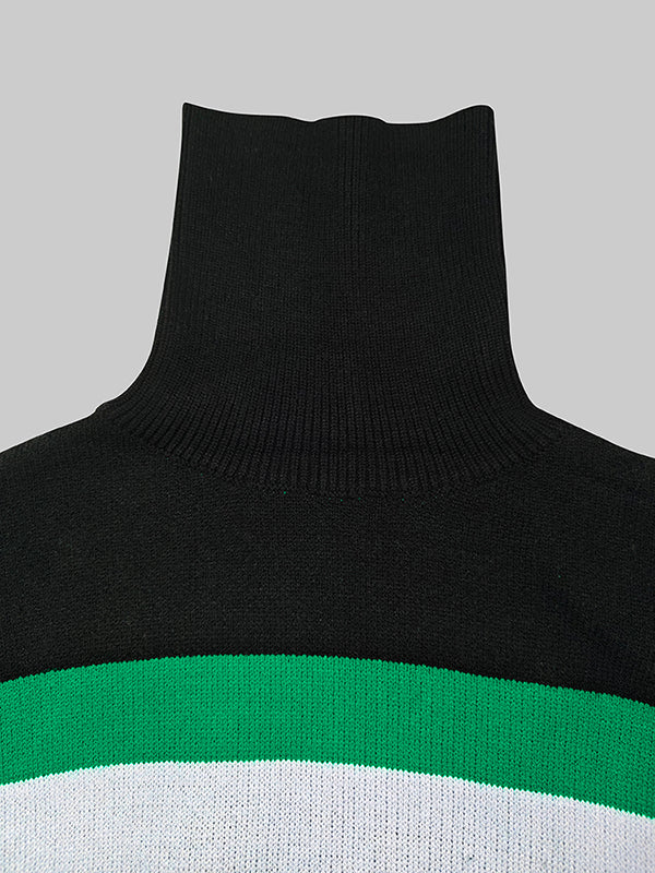 Contrast Color Split-Joint Flared Sleeves High-Low High Neck Sweater Tops Pullovers