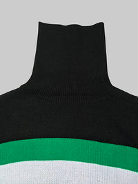 Contrast Color Split-Joint Flared Sleeves High-Low High Neck Sweater Tops Pullovers