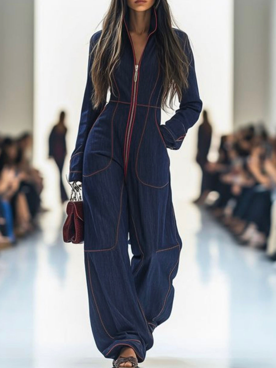 Zipper Long Sleeves Wide Leg Stand Collar Jumpsuits