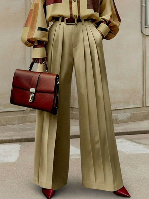 High Waisted Wide Leg No Belt Pleated Pockets Solid Color Pants Trousers