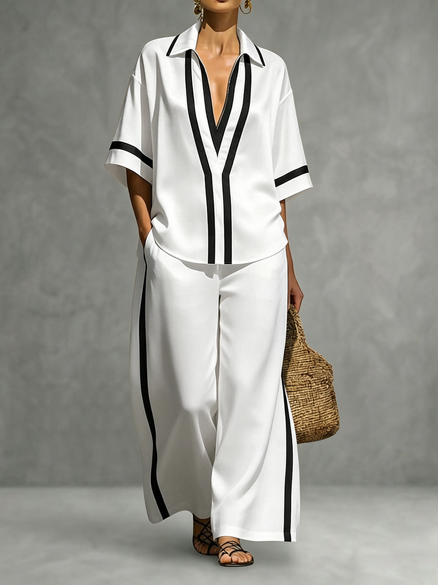 Contrast Color Pockets High Waisted Wide Leg Trousers Pants