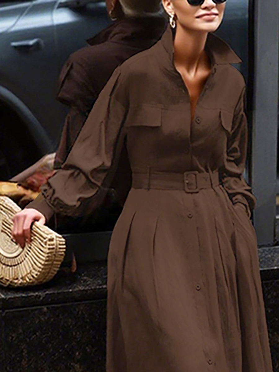 Loose Puff Sleeves Pleated Solid Color Split-Joint Lapel Maxi Dresses Shirt Dress