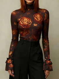 Flared Sleeves Long Sleeves Flower Print High Neck Blouses&Shirts Tops