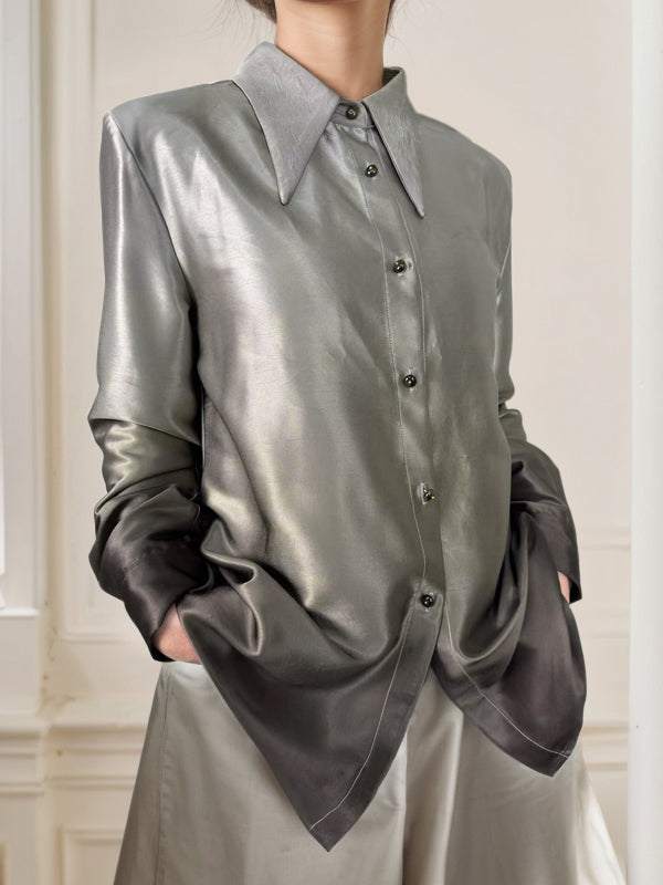 Buttoned Gradient Long Sleeves Lapel Blouses&shirts Tops