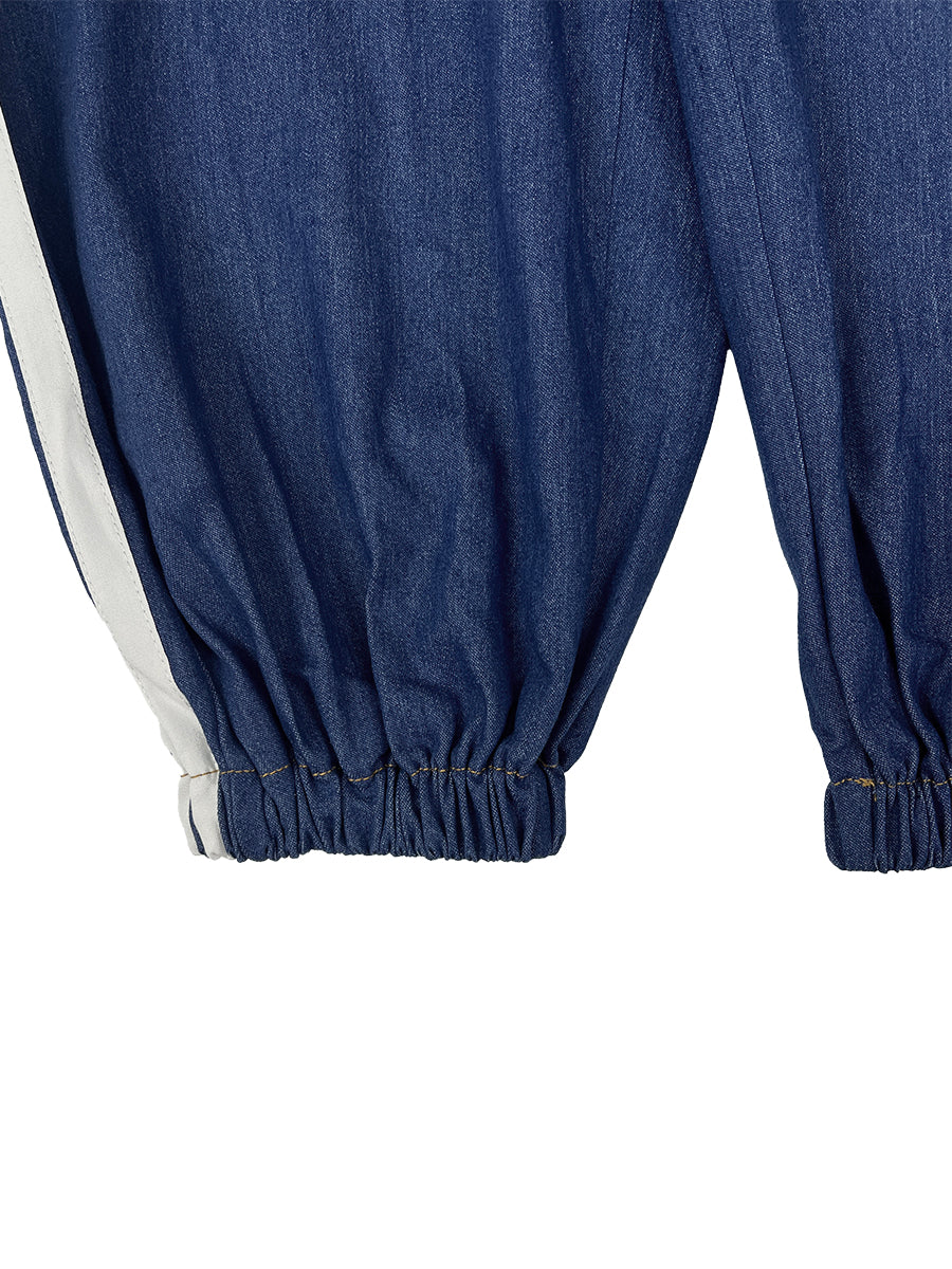 Ankle-Tied Loose Contrast Color Pockets Split-Joint Striped Zipper Stand Collar Jumpsuits