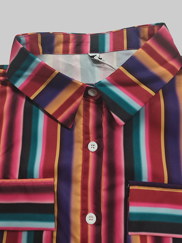 Split-Joint Striped Long Sleeves Loose Lapel Shirt Dress Maxi Dresses