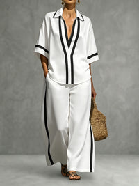Half Sleeves Loose Contrast Color Lapel Blouses&Shirts Tops