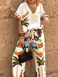 Drawstring Elasticity Printed Split-Joint High Waisted Loose Trousers Pants