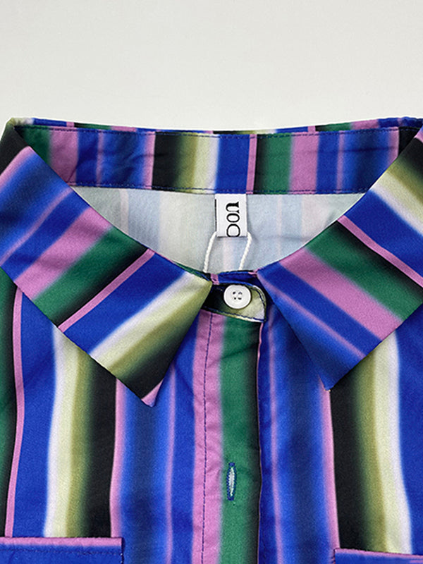 Split-Joint Striped Long Sleeves Loose Lapel Shirt Dress Maxi Dresses