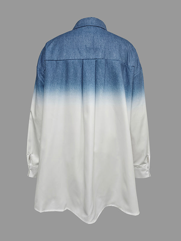 Gradient Printed Split-Joint Split-side High-low Loose Lapel Blouses&shirts Tops