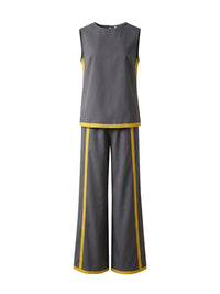 Contrast Color High Waisted Pants + Round-Neck Sleeveless Top Two Pieces Set