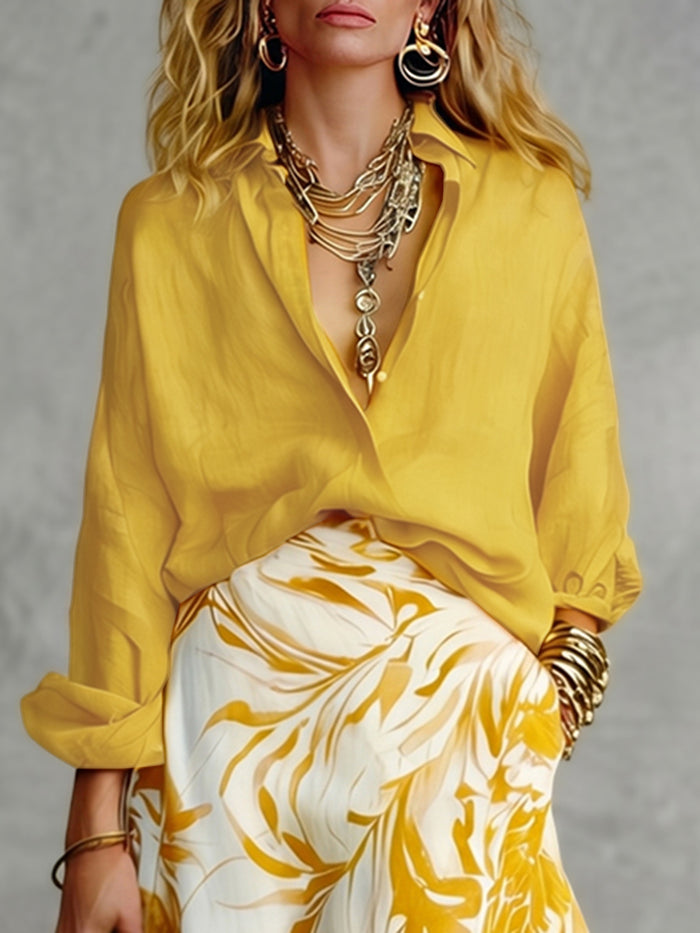 Long Sleeves Loose Buttoned Solid Color Lapel Blouses&Shirts Tops